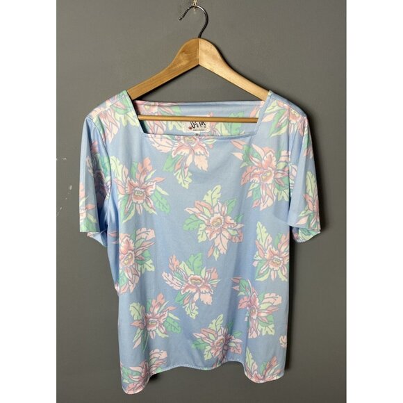 Vintage 70s Vera Neumann Womens Size 18 Blue Floral Print Polyester Top Shirt - Picture 1 of 4